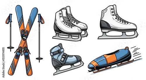 Winter Sports Equipment Collection Skiing Skating Illustration Set