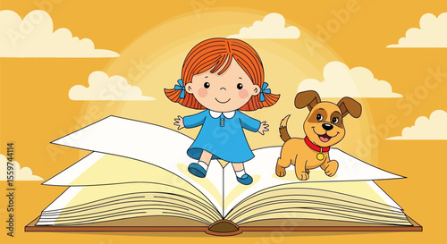 Child Girl Dog Jumping from Storybook Reading Adventure