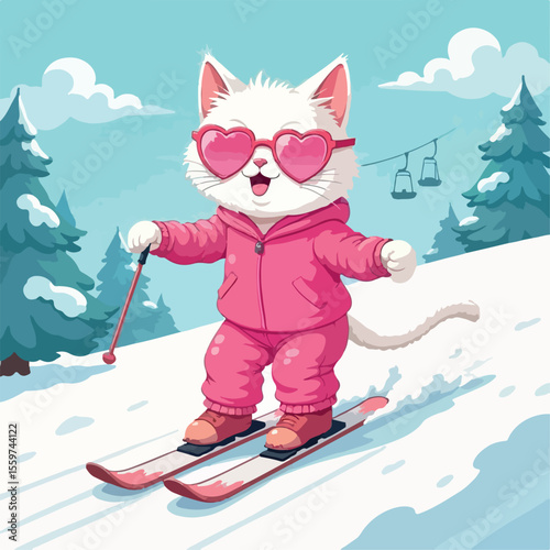 illustration, vector, glasses, cat, winter, skier, design, animal, snow, fun, sport, cartoon, funny, sportsman, pet, ski, cold, mountain, cute, extreme, kitty, isolated, scarf, leisure, tourism, 