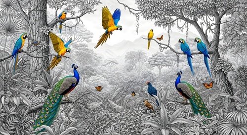 Tropical jungle wallpaper with parrots and peacocks in black and white background illustration