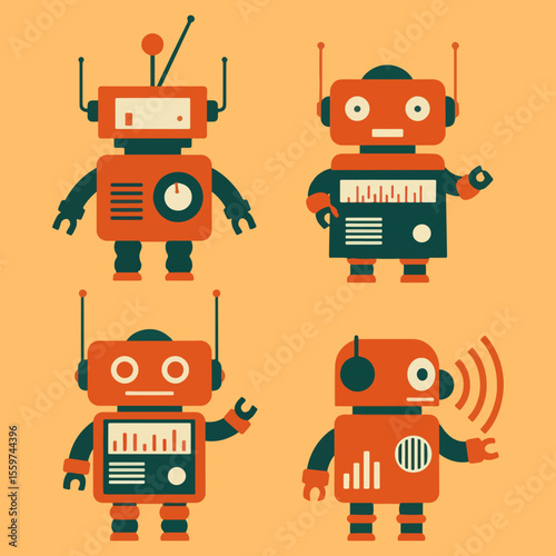 set minimalist geometric flat vector design mini radio broadcaster robots