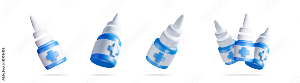 Fototapeta premium 3d cartoon medical drops bottle. White and blue medicine nasal spray with cross sign for health care. Pharmacy product.