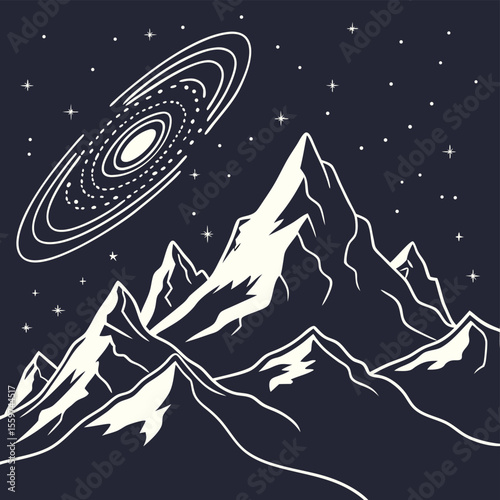Illustration of mountains under a starry night sky with a galaxy above the peaks in white outline