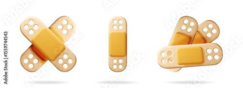 3d medical band aid plaster set in different forms. Health care and first aid help. Medicine concept.