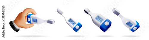 Cartoon hand holding a clinical digital thermometer with different views of thermometers. Healthcare and medical concept.