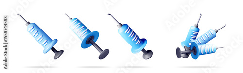 Blue medical syringe or injector set for vaccination concept, medicine, health care, or immunization promotion material.