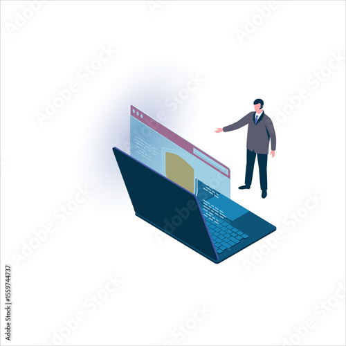 Isometric Businessman Reviewing Analytics Code on Laptop