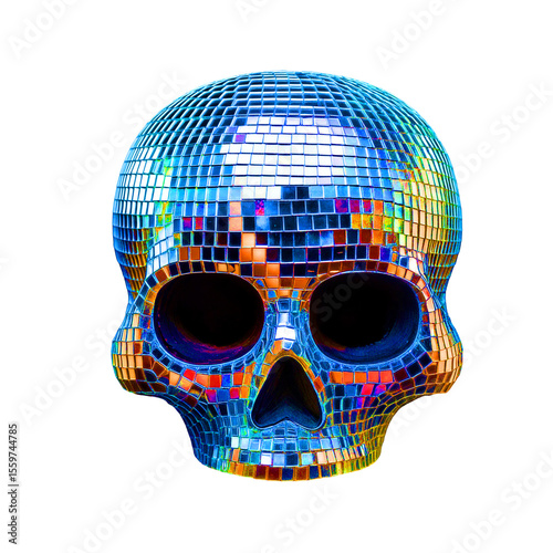 Skull in a 3D disco ball style—rounded, inflated, and tiled with shiny blue, silver, purple, and orange. It glows with party vibes and retro-futuristic energy