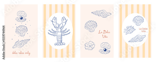 Set of abstract food posters. Mediterranean cuisine. Hand drawn lemons, lobster, tomato, wine, shrimp. Italian summer vibe, Amalfi, dolce vita style. Trendy design for cards, print, kitchen, branding.