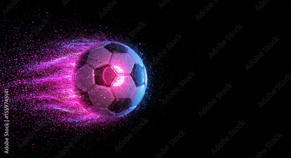 Fototapeta premium A soccer ball with pink and blue glowing particles trailing behind it on a black background
