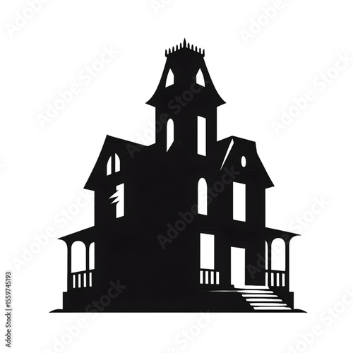 A icon of the unmistakable silhouette of a haunted mansion. The design uses a single, complex black shape to form the house.