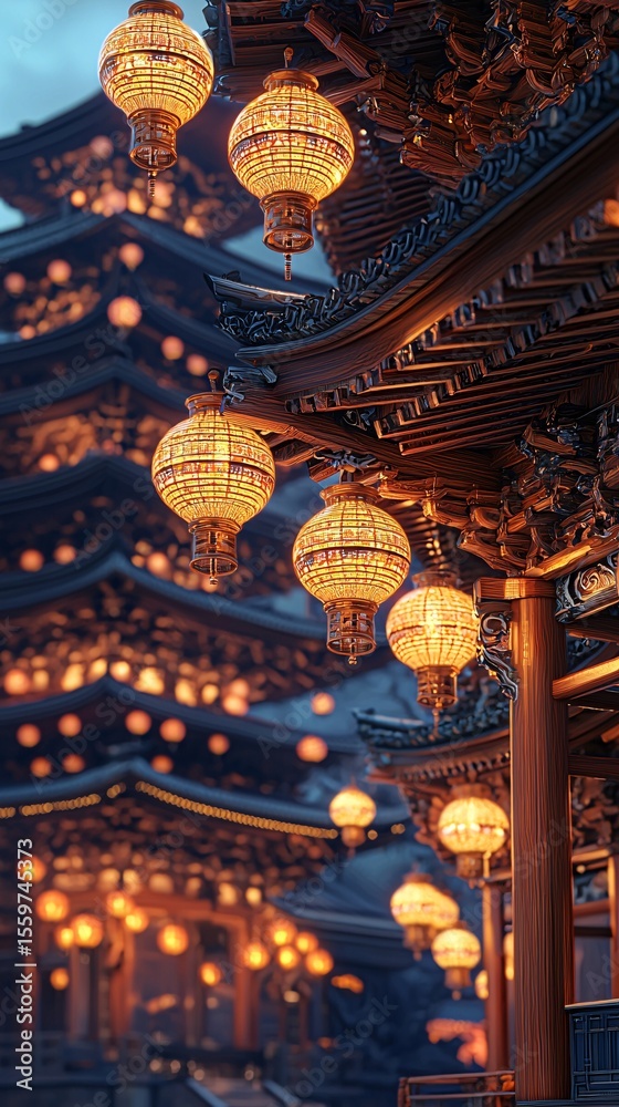 Obraz premium Lanterns at night light up ancient buildings