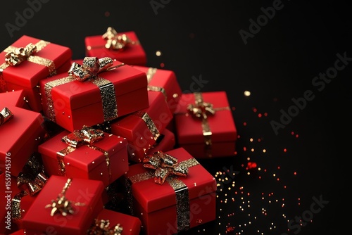 3D pile of bright red presents with shiny gold ribbons on a clean black background, holiday theme
