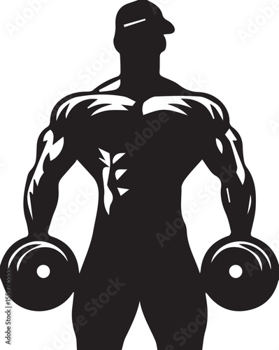 Print Muscular Man in Cap Holding Dumbbells Silhouette