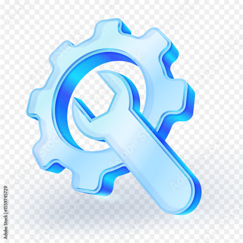 Icon 3d glass blue gear with a wrench overlaid. Represents settings, configuration, repair, maintenance, and technical support. Ideal for technology and business themes. vector illustration.