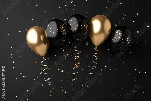 3D glossy helium balloons with golden curls and confetti on luxury black canvas