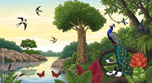 Beautiful nature landscape illustration with peacock birds butterflies and lush greenery art