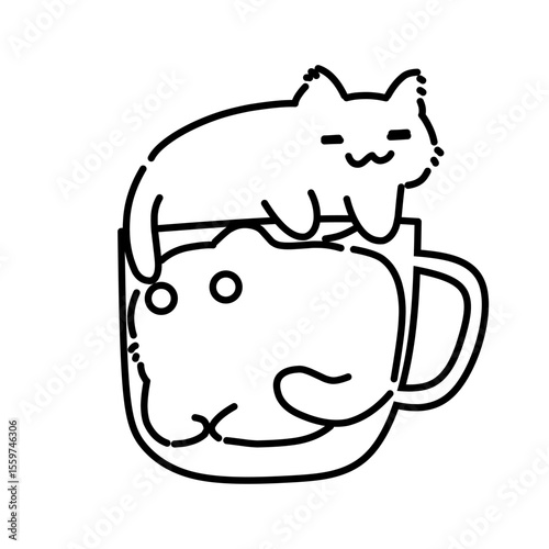 Cute cat cup of coffee illustration outline