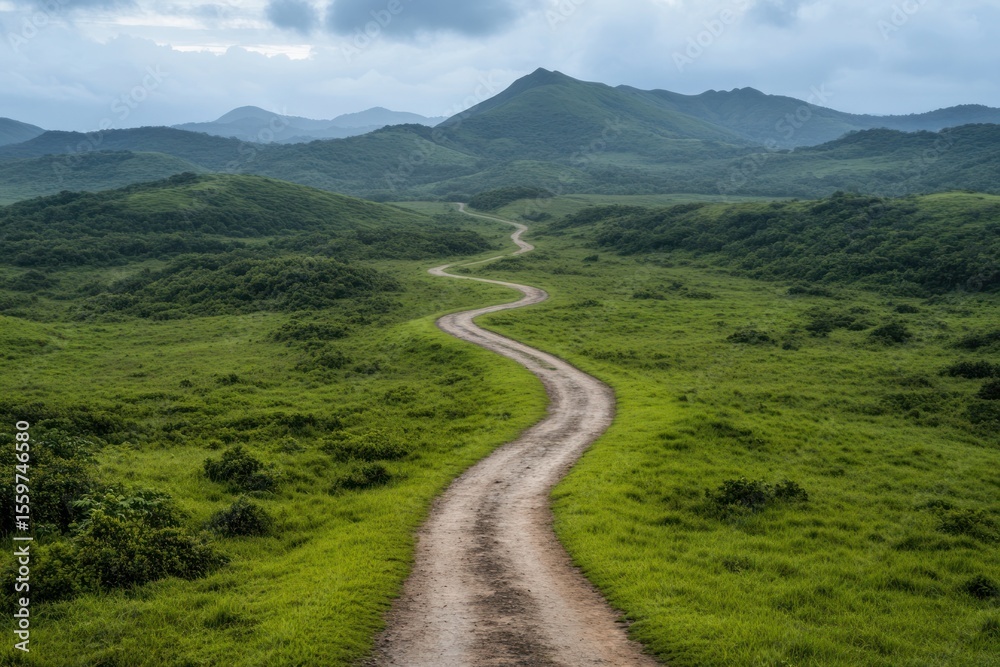 Bird’s eye perspective on a winding trail across rich green hills and valleys Bird’s eye perspective on a winding trail across rich green hills and valleys