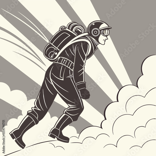 Retro astronaut with jetpack running through clouds against a backdrop of stylized sun rays design