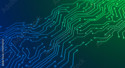 Abstract blue and green circuit board design with interconnected lines and small circles on a dark background