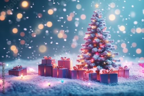 3D festive scene with snow-covered tree, gift boxes and glowing background light effects
