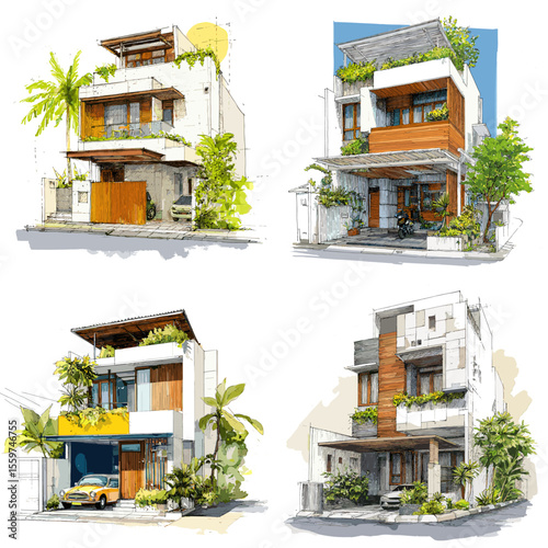 Contemporary tropical two-story homes with lush greenery and open spaces, illustrated in watercolor sketch style combining natural warmth and modern design.

