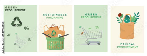 Green procurement sustainable purchasing banner template. Ethical business recycling shopping concept poster. Sustainable procurement posters collection. Green business.Flat style. Vector illustration