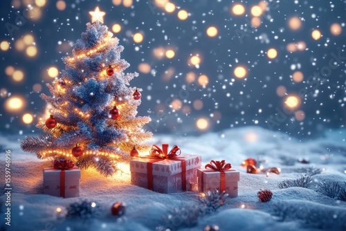 3D festive scene with snow-covered tree, gift boxes and glowing background light effects