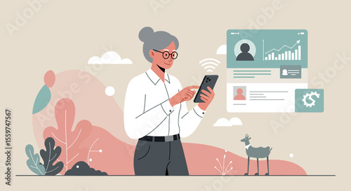 a woman is using her phone while standing in front of a wall with a dog