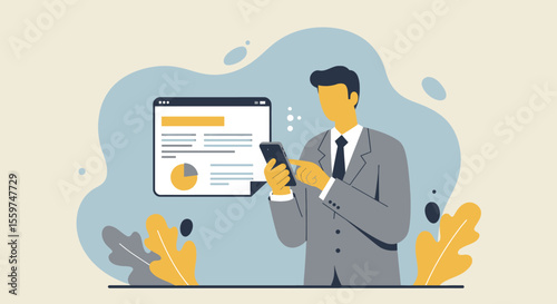 a man in a suit using a smartphone, with a presentation slide visible in the background. Suitable for landing page, banner, marketing, web design, presentation, infographic, etc.