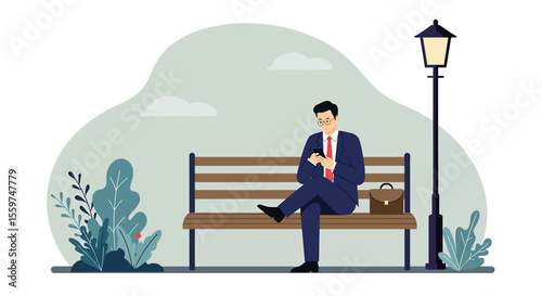 A man dressed in a suit is seated on a bench, engrossed in his phone, with a briefcase beside him. Suitable for landing page, banner, marketing, web design, presentation, infographic, etc.