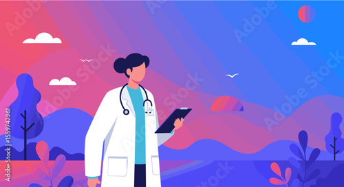 A female doctor in a white coat holds a clipboard, contemplating against a vibrant sunset landscape, showcasing healthcare and serenity.
