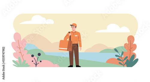 A friendly delivery person in an orange uniform stands outdoors in a peaceful landscape, carrying a large bag, ready to deliver packages on a sunny day.