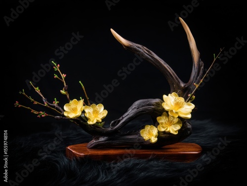 wooden sculpture with natural feel and shiny yellow flowers on a solid black background.