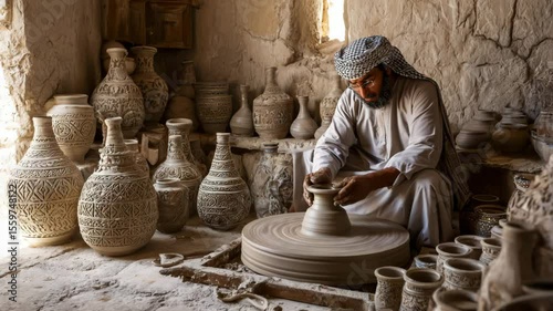 Man making pottery using wheel
