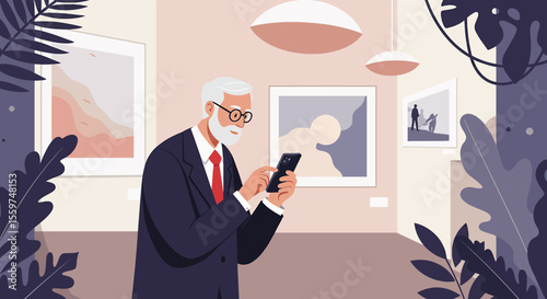 an older man in a suit and glasses, standing in an art gallery and looking at his phone. Suitable for landing page, banner, marketing, web design, presentation, infographic, etc.