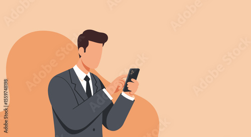 a man dressed in a suit, standing against a peach-colored backdrop, engrossed in his smartphone. Suitable for landing page, banner, marketing, web design, presentation, infographic, etc.