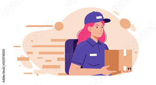 A young delivery woman with pink hair sits and holds a cardboard box, ready for delivery or pickup, in a minimalist vector illustration style.