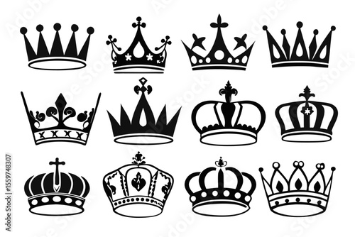 Unique Crown Designs in Black Silhouette and Sketch – Symetrical Grid on White Background