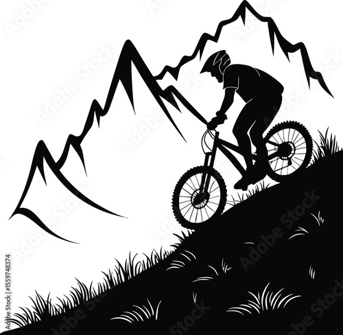Mountain Biker Riding Downhill on Steep Slope Silhouette