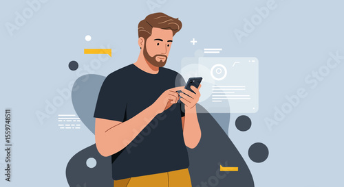 a man with a beard is looking at his phone
