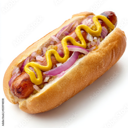 Hot dog is so delicious with mustard and onion looking good