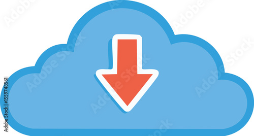 Vector Cartoon Cloud with Bold Red Downward Arrow and Minimalist Flat Design