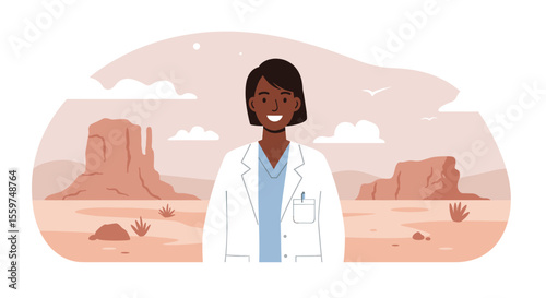 a smiling woman in a white lab coat standing in a desert landscape with mountains in the background. Suitable for landing page, banner, marketing, web design, presentation, infographic, etc.