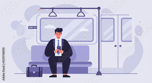 A man dressed in a suit is seated on a bench in a public transportation setting, engrossed in his phone. Suitable for landing page, banner, marketing, web design, presentation, infographic, etc.
