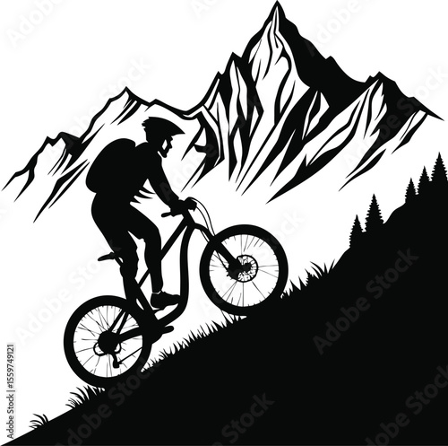 Mountain Biker Riding Downhill on Steep Slope Silhouette
