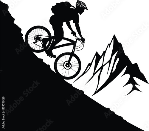 Mountain Biker Riding Downhill on Steep Slope Silhouette