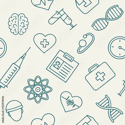 Seamless medical pattern healthcare icons teal and beige design