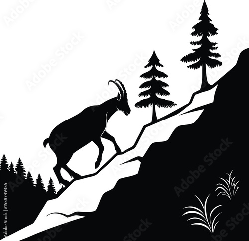 Mountain Goat Climbing Steep Cliff Silhouette with Pine Trees